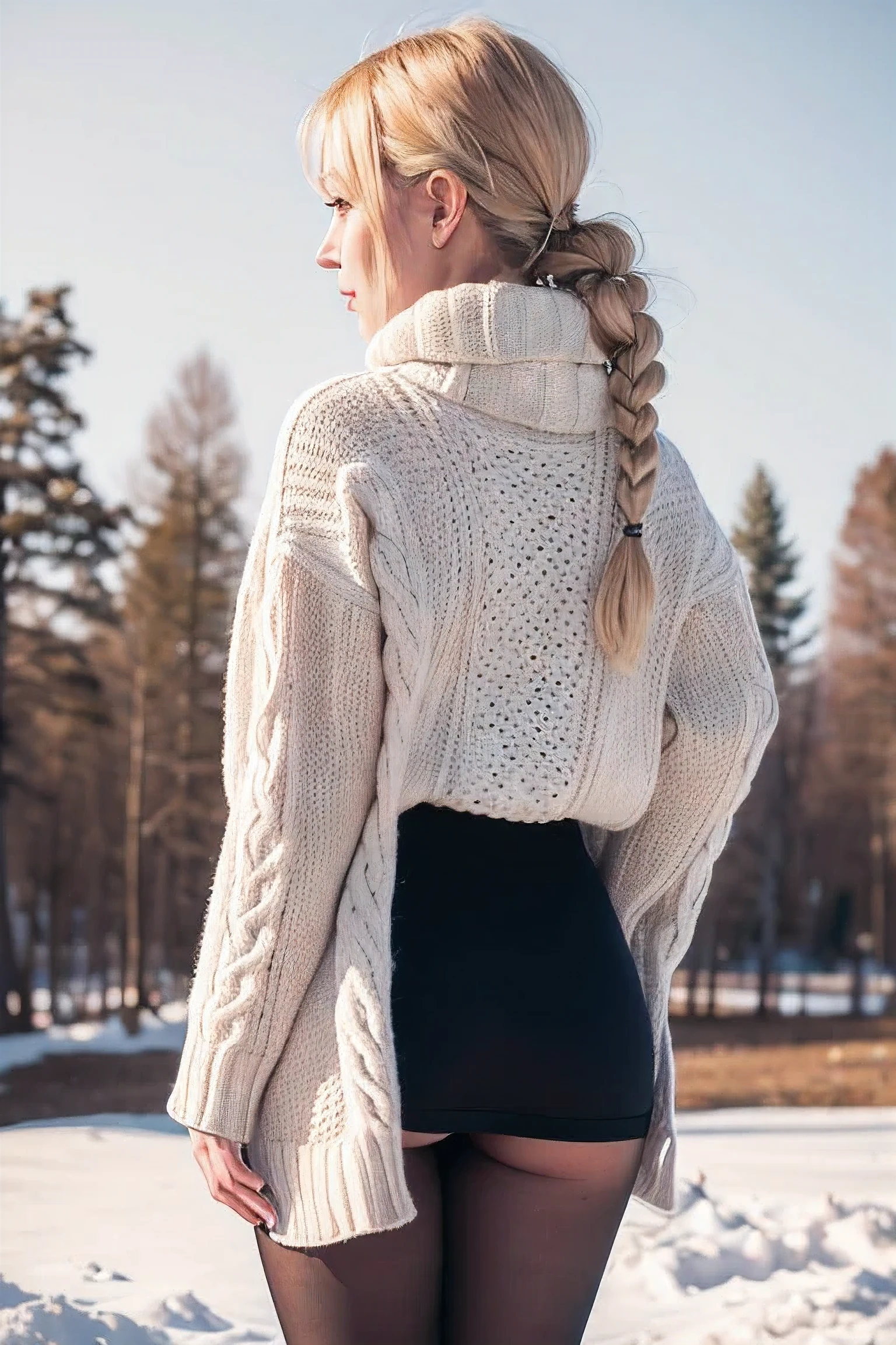 Winters,Snowy landscape,an ultra hot gorgeous woman, blonde braided hair, lacepantyhose,random color,Long sweater,scarf,depth of fields,Real Light,Ray traching,OC Renderer,UE5 Renderer,Hyper-realistic,best qualtiy,8K,Works of masters,super-fine,Detailed pubic hair,Correct anatomy, camera view from back