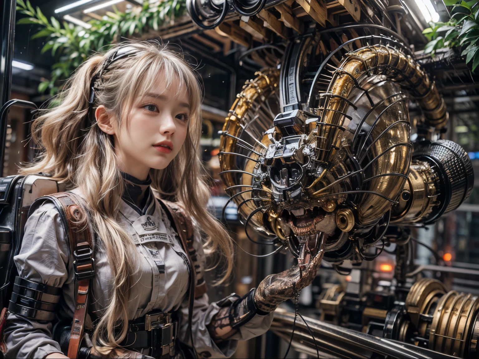 (masterpiece, best quality:1.2), (8k uhd, 16k, 32k, ultra high res), Japanese woman, heavy equipment, Mechanical backpack, very beautiful face, double teeth, fangs, reinforced exoskeleton with insect references, canine teeth, smiling face, silver hair, full body shot, photorealistic, realistic, ultra realistic, ultra detailed, ultimate intricate detail, lighting highlighting machinery, glossy, cave with a suspicious atmosphere