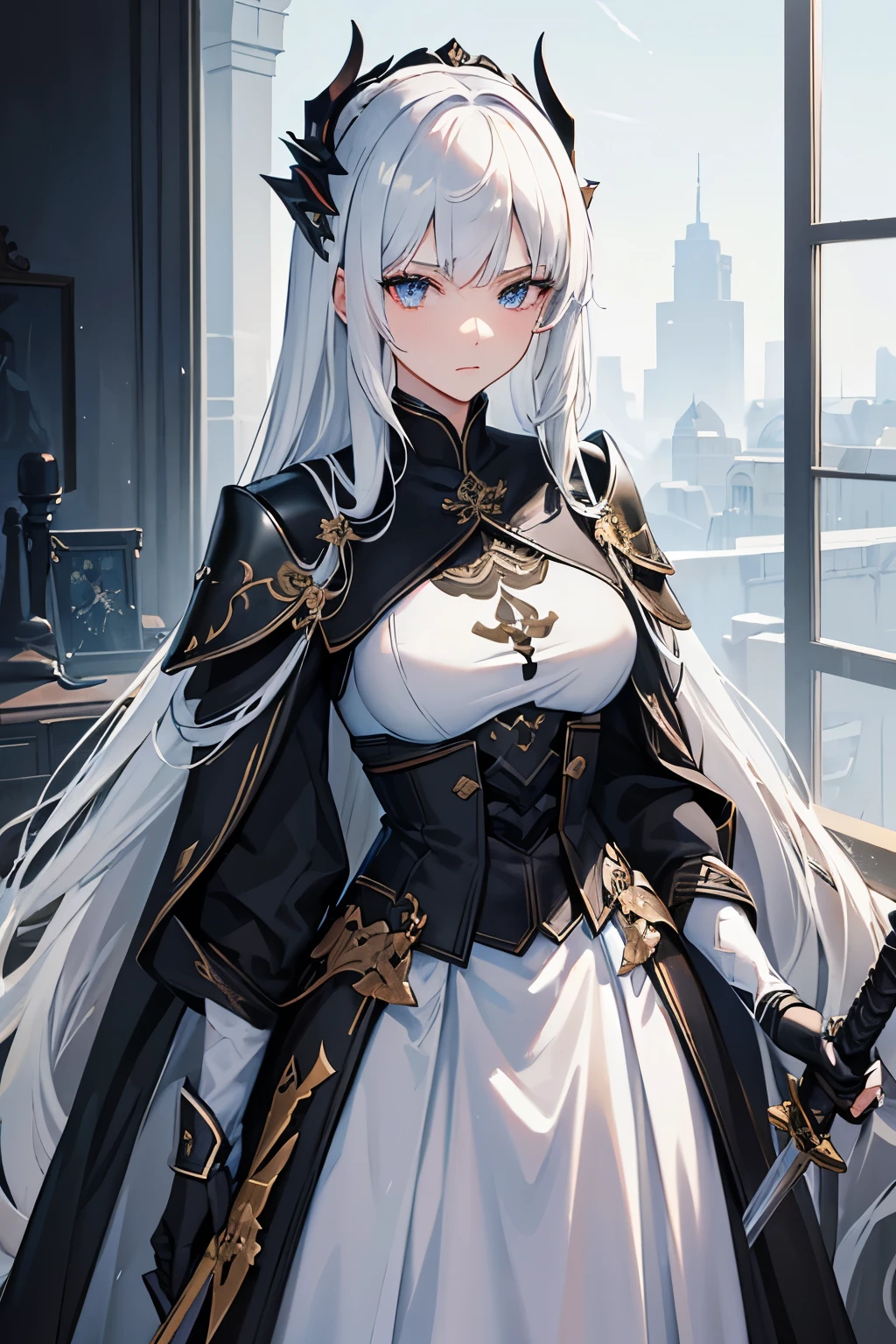 ((best quality)), ((masterpiece)), (detailed), perfect face coldhearted, imperial army clothing, female, imperial army general, black armor, magical dual sword, no shield, long black hair, long pants, emotionless face full hd, white hair, ice magic, naked, nude, lewd