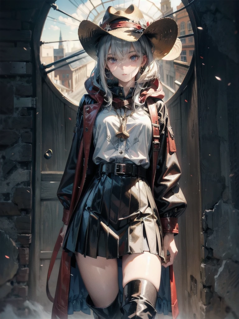 cool cowgirl, cowboy hat, blouse, decorated hooded armor jacket, cross belt, mini skirt, Red leather long boots, absurdres, RAW photo, extremely delicate and beautiful, masterpiece, Best Quality, ultra high resolution, 32k, hyperrealistic, ultra-detailed, detailed description, pale skin, 20 years old, tearful mole, earring, short medium hair, wavy hair, whole body shot,