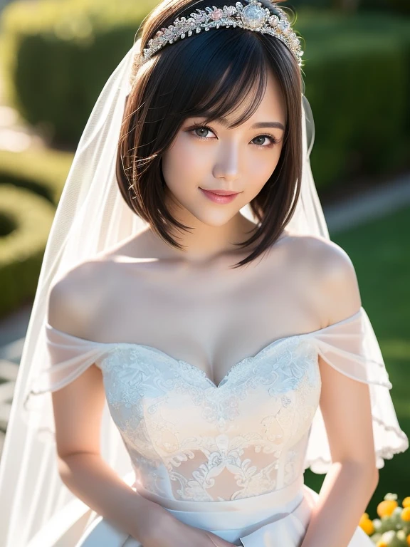 (Best quality: 1.5), (Realistic: 1.5), (1 person: 1.5), (Medium shot: 1.5), Highly detailed, High resolution, 8k, Medium breasts, Natural colored lips, Cute smile, Japanese woman, 20-year-old girl, beautiful and elegant features, perfect and beautiful face, large eyes with good balance between the left and right sides, brunette eyes, beautiful and elegant features, beautiful double eyelids, natural bangs, beautiful thin nose, beautiful skin, fair skin, (medium bob hair), natural bangs, perfect and beautiful face, slim face and figure, (looks at the camera with a sweet smile), bright lighting, professional lighting, forward lighting, princess line wedding dress, best Wearing a luxury bridal tiara (wearing a pure white off-shoulder wedding dress), luxury wedding dress, lace white gloves, bridal veil, (Western garden with beautiful roses), Western garden, holding the hem of the skirt,