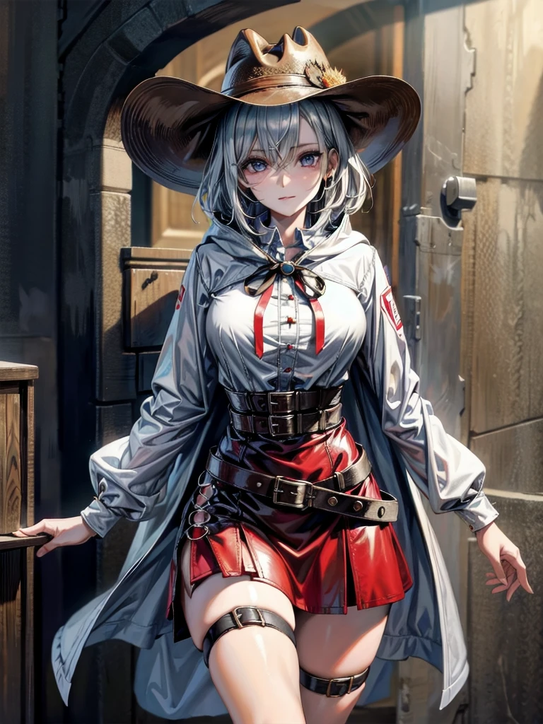 cool cowgirl, cowboy hat, blouse, decorated hooded armor jacket, cross belt, mini skirt, Red leather long boots, absurdres, RAW photo, extremely delicate and beautiful, masterpiece, Best Quality, ultra high resolution, 32k, hyperrealistic, ultra-detailed, detailed description, pale skin, 20 years old, tearful mole, earring, short medium hair, wavy hair, whole body shot,