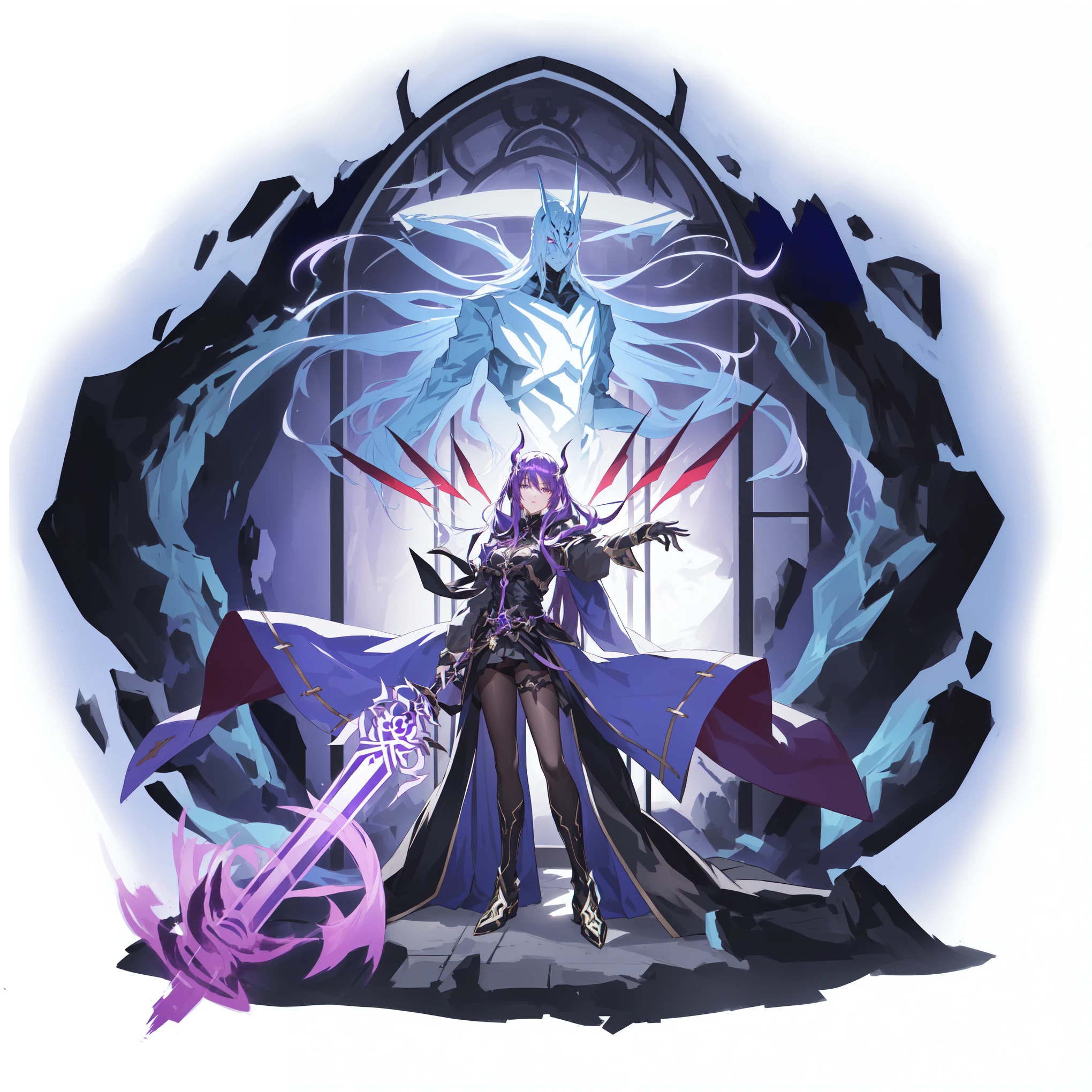 anime character with a sword in front of a window, long flowing purple hair, black stockings, and white boots. The character wears a mysterious mask, giving off an intimidating presence. The character is also depicted as a demon, emphasizing their supernatural abilities. The art style is influenced by anime, capturing dynamic and expressive features. The color palette primarily consists of shades of purple, enhancing the overall atmosphere. The lighting is dramatic, casting intriguing shadows and highlighting the character's intense gaze.