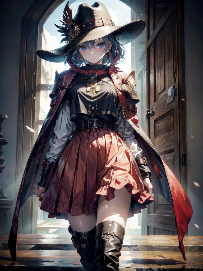 cool cowgirl, cowboy hat, blouse, decorated hooded armor jacket, cross belt, mini skirt, Red leather long boots, absurdres, RAW photo, extremely delicate and beautiful, masterpiece, Best Quality, ultra high resolution, 32k, hyperrealistic, ultra-detailed, detailed description, pale skin, 20 years old, tearful mole, earring, short medium hair, wavy hair, whole body shot,