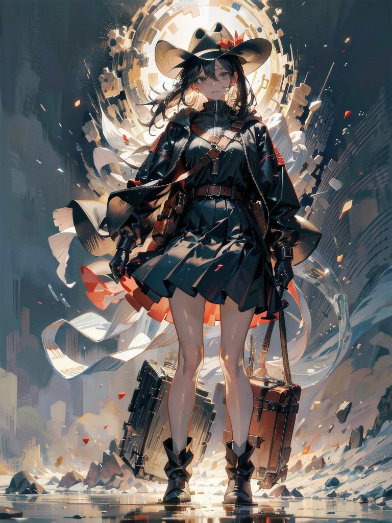 cool cowgirl, cowboy hat, blouse, decorated hooded armor jacket, cross belt, mini skirt, Red leather long boots, absurdres, RAW photo, extremely delicate and beautiful, masterpiece, Best Quality, ultra high resolution, 32k, hyperrealistic, ultra-detailed, detailed description, pale skin, 20 years old, tearful mole, earring, short medium hair, wavy hair, whole body shot,