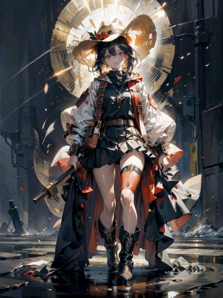 cool cowgirl, cowboy hat, blouse, decorated hooded armor jacket, cross belt, mini skirt, Red leather long boots, absurdres, RAW photo, extremely delicate and beautiful, masterpiece, Best Quality, ultra high resolution, 32k, hyperrealistic, ultra-detailed, detailed description, pale skin, 20 years old, tearful mole, earring, short medium hair, wavy hair, whole body shot,