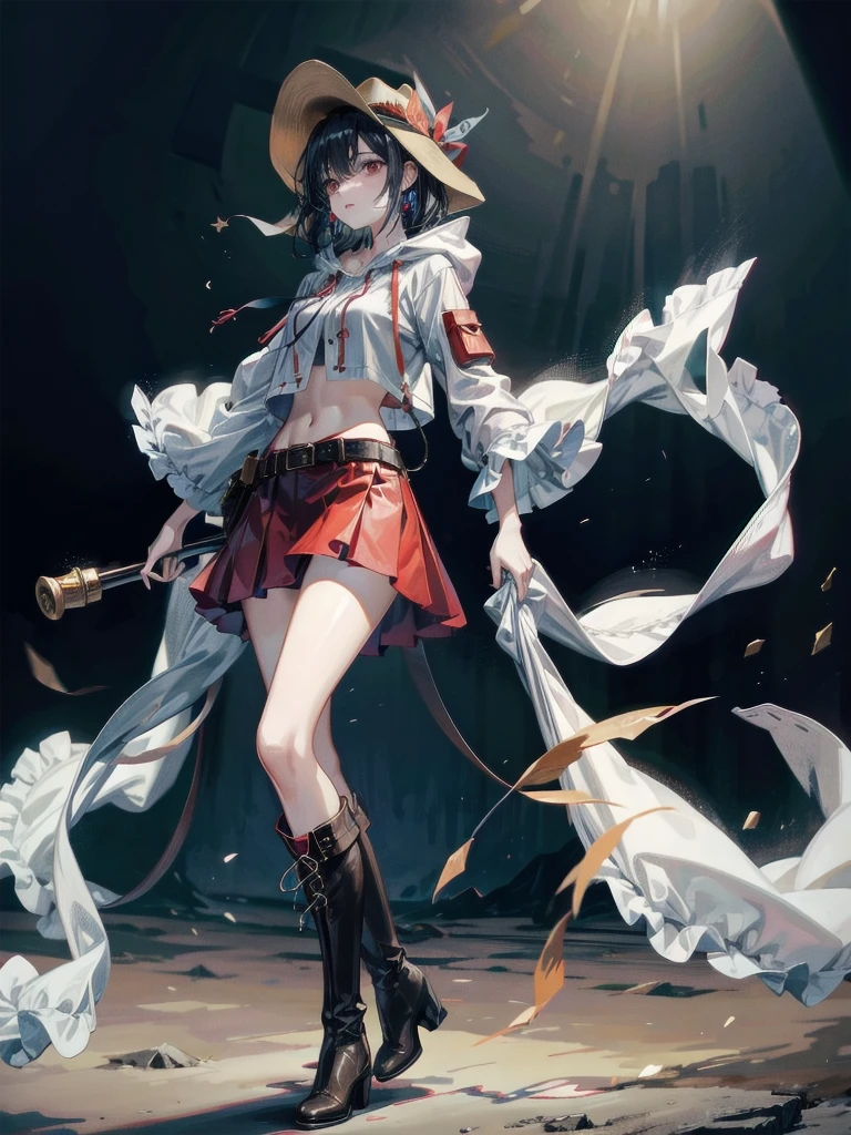 cool cowgirl, cowboy hat, blouse, decorated hooded armor jacket, cross belt, mini skirt, Red leather long boots, absurdres, RAW photo, extremely delicate and beautiful, masterpiece, Best Quality, ultra high resolution, 32k, hyperrealistic, ultra-detailed, detailed description, pale skin, 20 years old, tearful mole, earring, short medium hair, wavy hair, whole body shot,