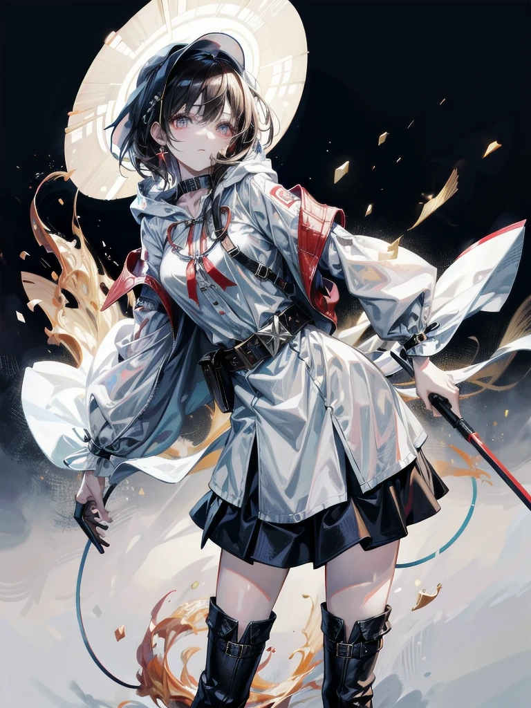 cool cowgirl, cowboy hat, blouse, decorated hooded armor jacket, cross belt, mini skirt, Red leather long boots, absurdres, RAW photo, extremely delicate and beautiful, masterpiece, Best Quality, ultra high resolution, 32k, hyperrealistic, ultra-detailed, detailed description, pale skin, 20 years old, tearful mole, earring, short medium hair, wavy hair, whole body shot,