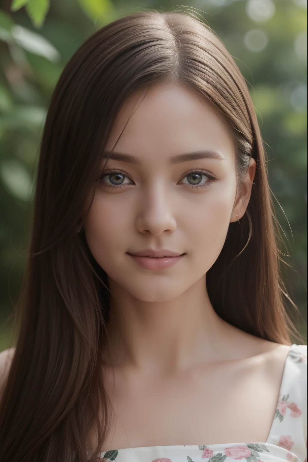 (8K High Resolution), (highest quality), (RAW Image Quality), (Realistic), (Realistic:1.37), Japanese white-eye, Long eyelashes, Exquisite, Live-action Realistic style, The ultimate face, Realistic, light and shadow, Distinct facial features, Milky skin,Fair skin, Skin with attention to detail, Realistic skin details, Pores are visible,(Very detailed),Hair length is random, Flowing hair, Best Portrait, The only Swedish girl, cute,Beautiful and beautiful eyes, Beautiful and detailed nose, Very detailedな肌) , (Beautiful face with double eyelids), (realism: 1.4), Great details, Ultra-high resolution, Delicate and beautiful face, Age 25, (Beautiful Face 1.4), thin, (Wearing a floral dress:1.2), ((In a park rich in nature)), Natural smile, (looks happy), Long Hair, (whole body:1.5),