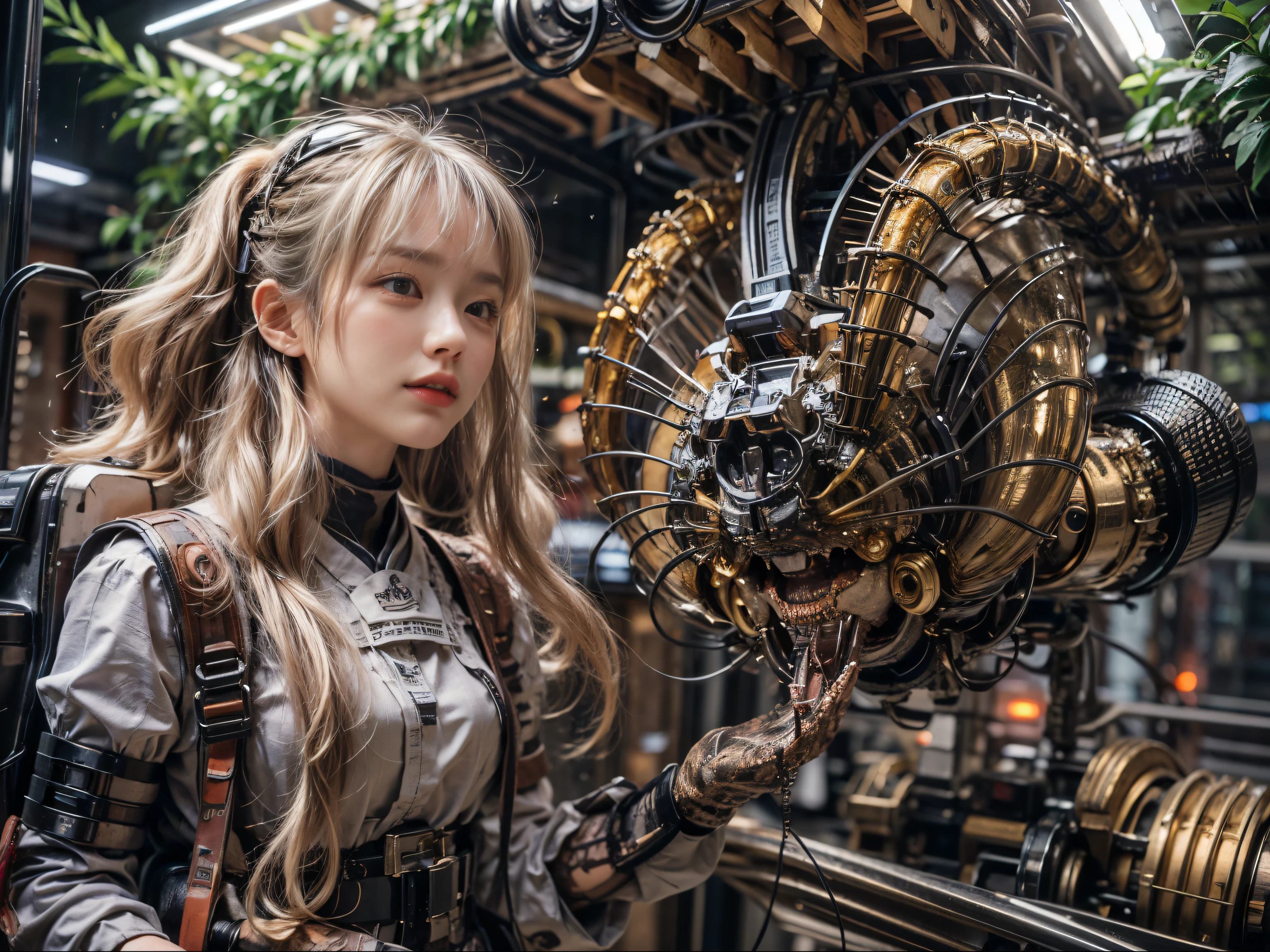 (masterpiece, best quality:1.2), (8k uhd, 16k, 32k, ultra high res), Japanese woman, heavy equipment, Mechanical backpack, very beautiful face, double teeth, fangs, reinforced exoskeleton with insect references, canine teeth, smiling face, silver hair, full body shot, photorealistic, realistic, ultra realistic, ultra detailed, ultimate intricate detail, lighting highlighting machinery, glossy, cave with a suspicious atmosphere