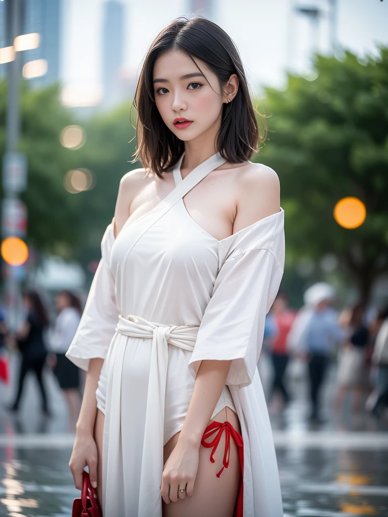 ((Best Quality, 8k, Masterpiece: 1.3)), Focus: 1.2, Perfect Body Beauty: 1.4, Buttocks: 1.2, ((Layered Haircut)), (Wet Clothes: 1.1), (Rain, Street:1.3), (Breasts: 1.2), (Hanfu: 1.2), Bare Shoulders, Bare Legs, Highly Detailed Face and Skin Texture, Fine Eyes, Double Eyelids, Whitened Skin, Long Hair, (Shut Up: 1.5), (Bokeh Background: 1.5), Big Breasts