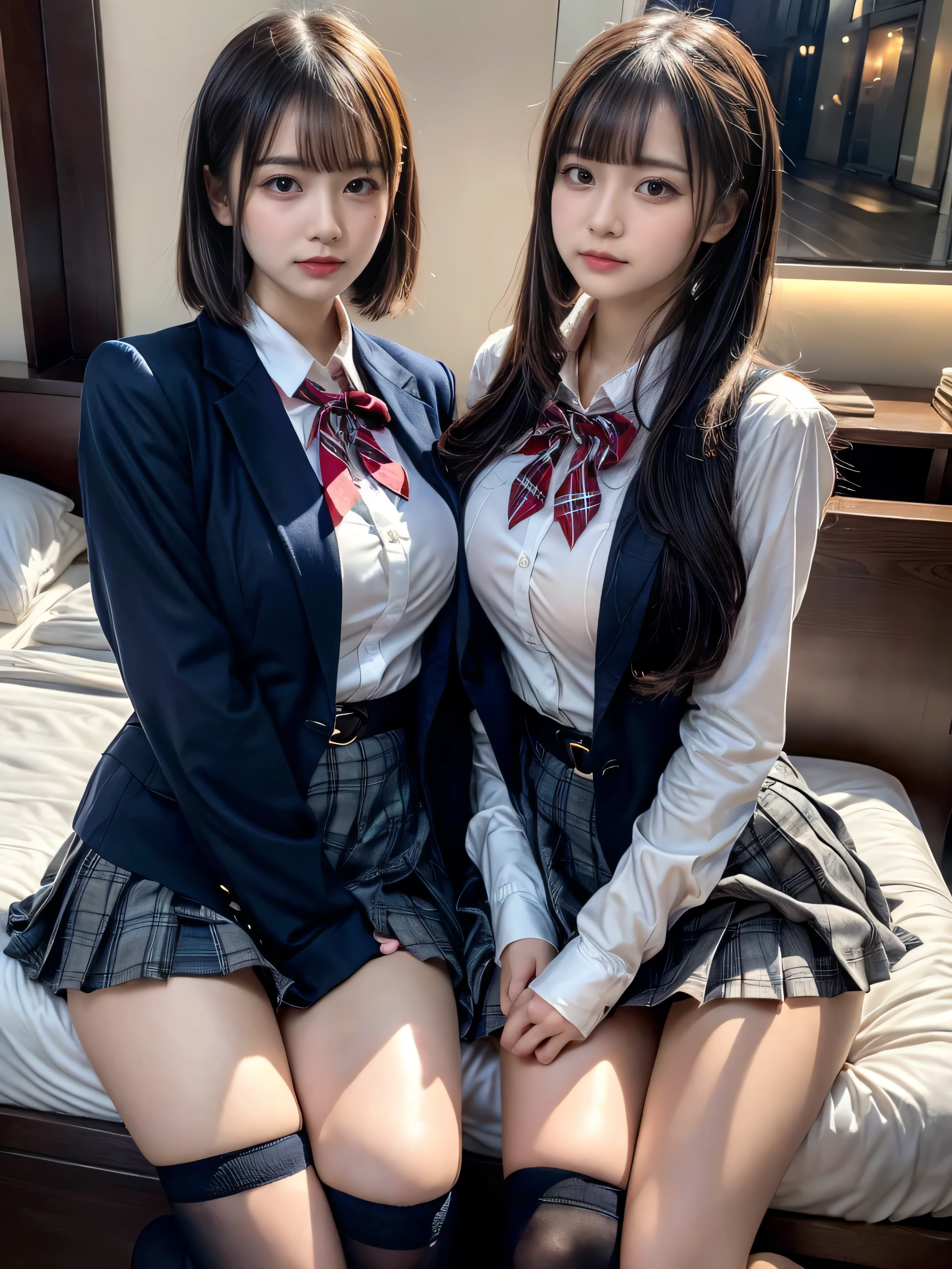 (8K, Raw photography, top-quality, ​masterpiece:1.2), muster piece, best quality, illustration, Super detailed, fine details, High resolution, 8K,wall paper, perfect dynamic composition,(Details High quality, realistic depiction of eyes:1.3), ((2 girls, 2 schoolgirls)), The background is a luxury hotel room、High school girl uniform、blazer 、Super Short Check Uniform Skirt、Navy blue high socks、garterbelts、Colossal tits、Disturbed uniform, Play with each other,Touching each other's bodies,Touching the body of the girl next door, short bob hair, black hair color, huge breasts, Big Natural Color Lip, bold sexy pose, (perfect body shape), crying a little、cold gaze, Harajuku style、Beautiful makeup,glitter makeup,Cutest 18 years old、 beautiful legs, hposing Gravure Idol, Voluptuous thighs