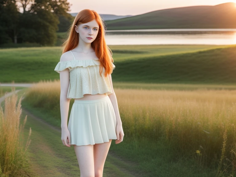 ultra realistic image, a ginger teenager girl, cute face, big green eyes, with a little freckles, a top, full body, at dawn, round face, pale skin, full body, standing, show legs