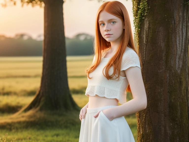 Analog photography of a redhead girl in The Enchanted Forest:

Narrative: In a mystical forest, where ancient trees whisper secrets, a young girl discovers a hidden portal. As she steps through, her silhouette merges with the gnarled branches, becoming part of the ancient tale. 

 18 years old, with blue eyes, soft makeup, and bold pink puffy lips. Her curly hair frames her very pale skin, highlighting her huge round breasts, tightened thighs, and a huge ass. 
Casual Denim Chic:
((A white oversized Snoopy graphic T-shirt1, a tulle-tutu mini skirt(tied with a large bow on her ass)-for a playful touch. Accessorize with a matching hair bow(bow on the hair))).
Pose: She stands amidst ancient trees(her arms reaching toward the sunlight filtering through leaves).
Interaction: Pretend she’s unlocking a magical door to a hidden realm.

Perhaps she encounters mythical creatures—their forms subtly emerging from the bark. The forest breathes life into her, and she, in turn, becomes its guardian.	

