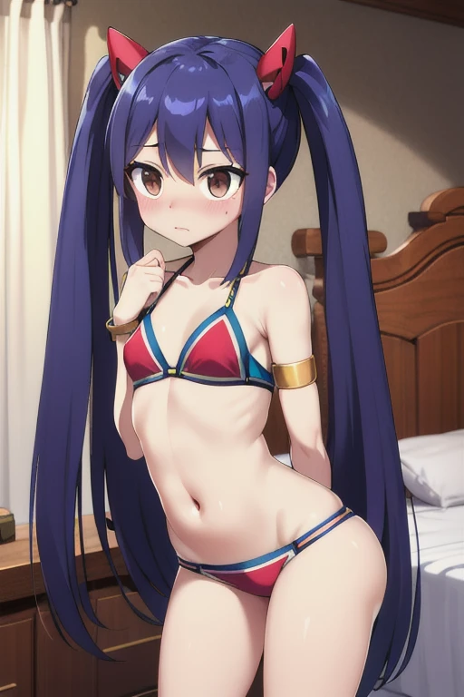 masterpiece, highest quality, High resolution, Arwendy, Long Hair, Twin tails, hair ornaments, Exposing shoulders, bikini,Bracelet, bracelet, bed,arched back, Cowboy Shot, Embarrassed,