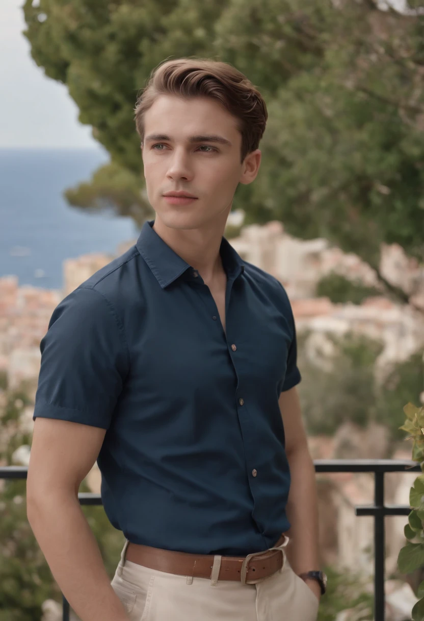 (best quality,4k,realistic),(24-year-old),(boy),(wearing),(old money style),(navy blue shirt),(light color trouser),(aesthetic body),(standing),(on the balcony),(besides),(the view of monaco)