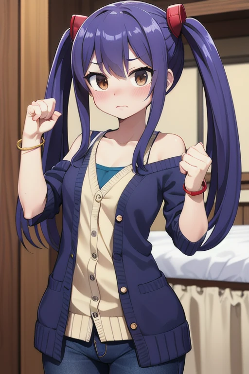 masterpiece, highest quality, High resolution, Arwendy, Long Hair, Twin tails, hair ornaments, Exposing shoulders, 
cardigan,Bracelet, bracelet, at home,Fist bump, Cowboy Shot, Embarrassed,
