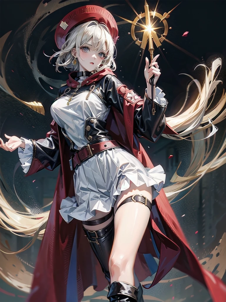 cool cowgirl, cowboy hat, blouse, decorated hooded armor jacket, cross belt, mini skirt, Red leather long boots, absurdres, RAW photo, extremely delicate and beautiful, masterpiece, Best Quality, ultra high resolution, 32k, hyperrealistic, ultra-detailed, detailed description, pale skin, 20 years old, tearful mole, earring, short medium hair, wavy hair, whole body shot,