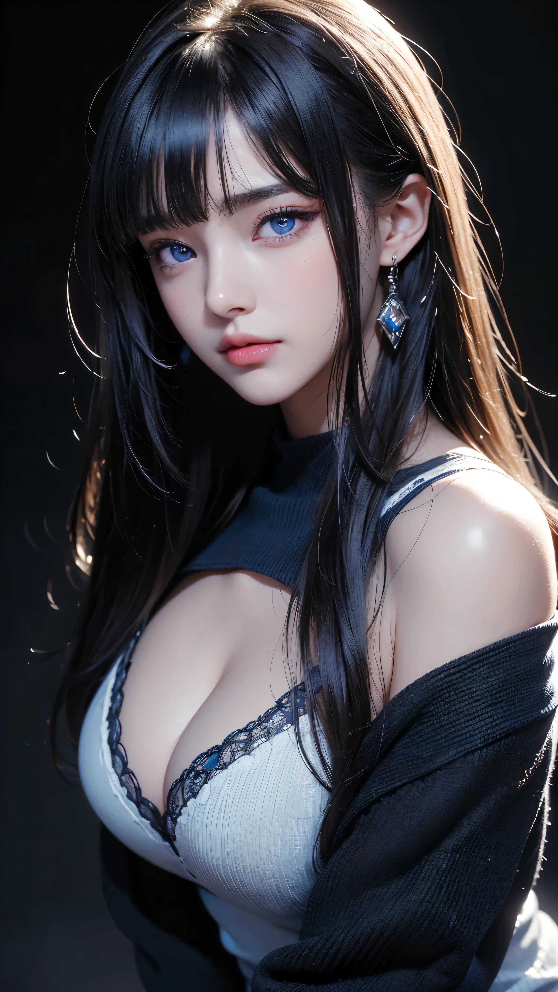 masterpiece, highest quality, Super detailed, Facing the camera, Super detailed, Realistic, Sharp features, Very detailed, Sharp focus, Perfect Face, Perfect Face, Perfect symmetrical perfect eyes, Perfect Plump Lips, Flexible female form, Cinematic, Film Light, Super detailed, hyper Realistic, masterpiece, Atmospheric, High resolution, Vibrant, Dynamic Studio Lighting, ((Dark Background)), The expression when receiving pleasure, Straight bangs, blue eyes,Black sweater, Cowboy Shot,The cleavage is visible