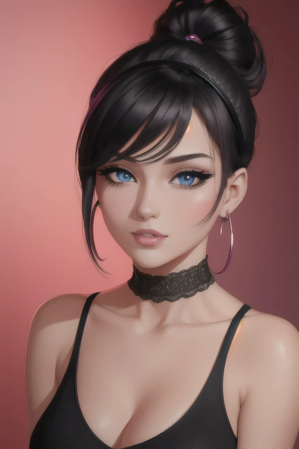 (best quality,4k,8k,highres,masterpiece:1.2), ultra-detailed, realistic:1.37, beautiful detailed eyes, beautiful detailed lips, extremely detailed eyes and face, long eyelashes, seductive gaze, pale skin turning pink, smile on her lips, messy bun hair tied in a black hairband, sexy woman with an alluring look, wearing alluring earrings, black v-neck t-shirt emphasizing her neck, captivating demeanor, enchanting expression, tempting charm, captivating beauty, elegance, seductive pose, beguiling presence.