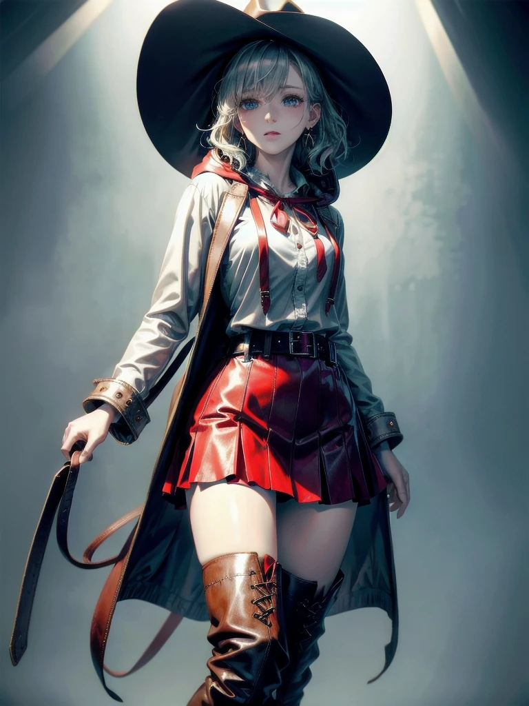 cool cowgirl, cowboy hat, blouse, decorated hooded armor jacket, cross belt, mini skirt, Red leather long boots, absurdres, RAW photo, extremely delicate and beautiful, masterpiece, Best Quality, ultra high resolution, 32k, hyperrealistic, ultra-detailed, detailed description, pale skin, 20 years old, tearful mole, earring, short medium hair, wavy hair, whole body shot,