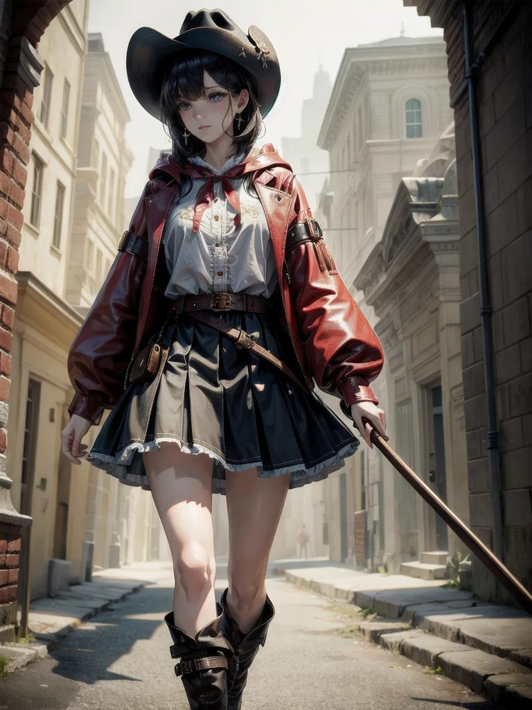 cool cowgirl, cowboy hat, blouse, decorated hooded armor jacket, cross belt, mini skirt, Red leather long boots, absurdres, RAW photo, extremely delicate and beautiful, masterpiece, Best Quality, ultra high resolution, 32k, hyperrealistic, ultra-detailed, detailed description, pale skin, 20 years old, tearful mole, earring, short medium hair, wavy hair, whole body shot,