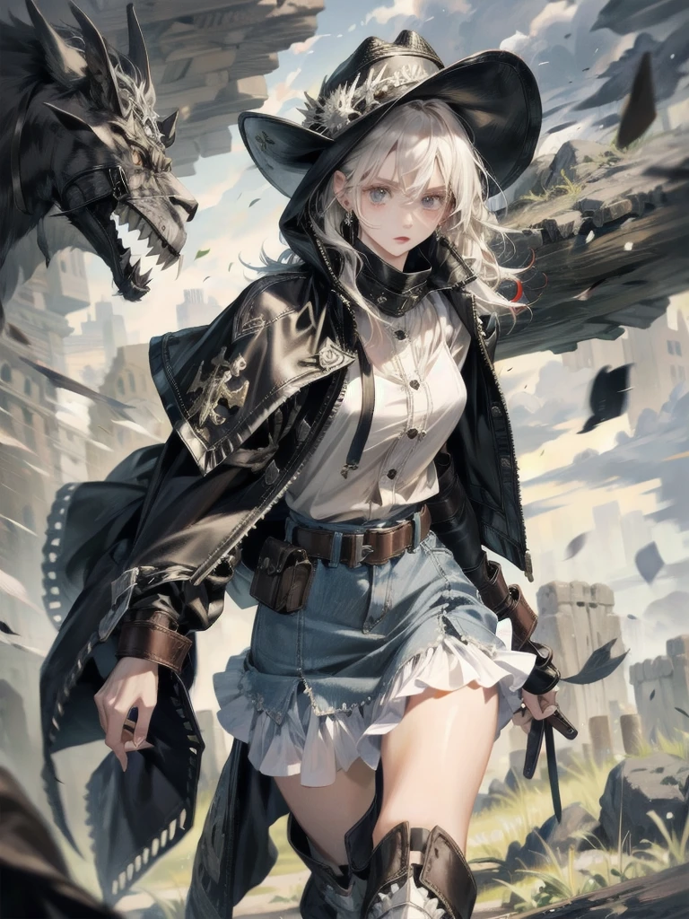 cool cowgirl, cowboy hat, blouse, decorated hooded armor jacket, cross belt, mini skirt, Red leather long boots, absurdres, RAW photo, extremely delicate and beautiful, masterpiece, Best Quality, ultra high resolution, 32k, hyperrealistic, ultra-detailed, detailed description, pale skin, 20 years old, tearful mole, earring, short medium hair, wavy hair, whole body shot,