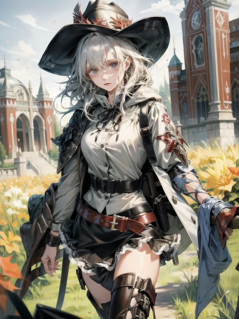 cool cowgirl, cowboy hat, blouse, decorated hooded armor jacket, cross belt, mini skirt, Red leather long boots, absurdres, RAW photo, extremely delicate and beautiful, masterpiece, Best Quality, ultra high resolution, 32k, hyperrealistic, ultra-detailed, detailed description, pale skin, 20 years old, tearful mole, earring, short medium hair, wavy hair, whole body shot,