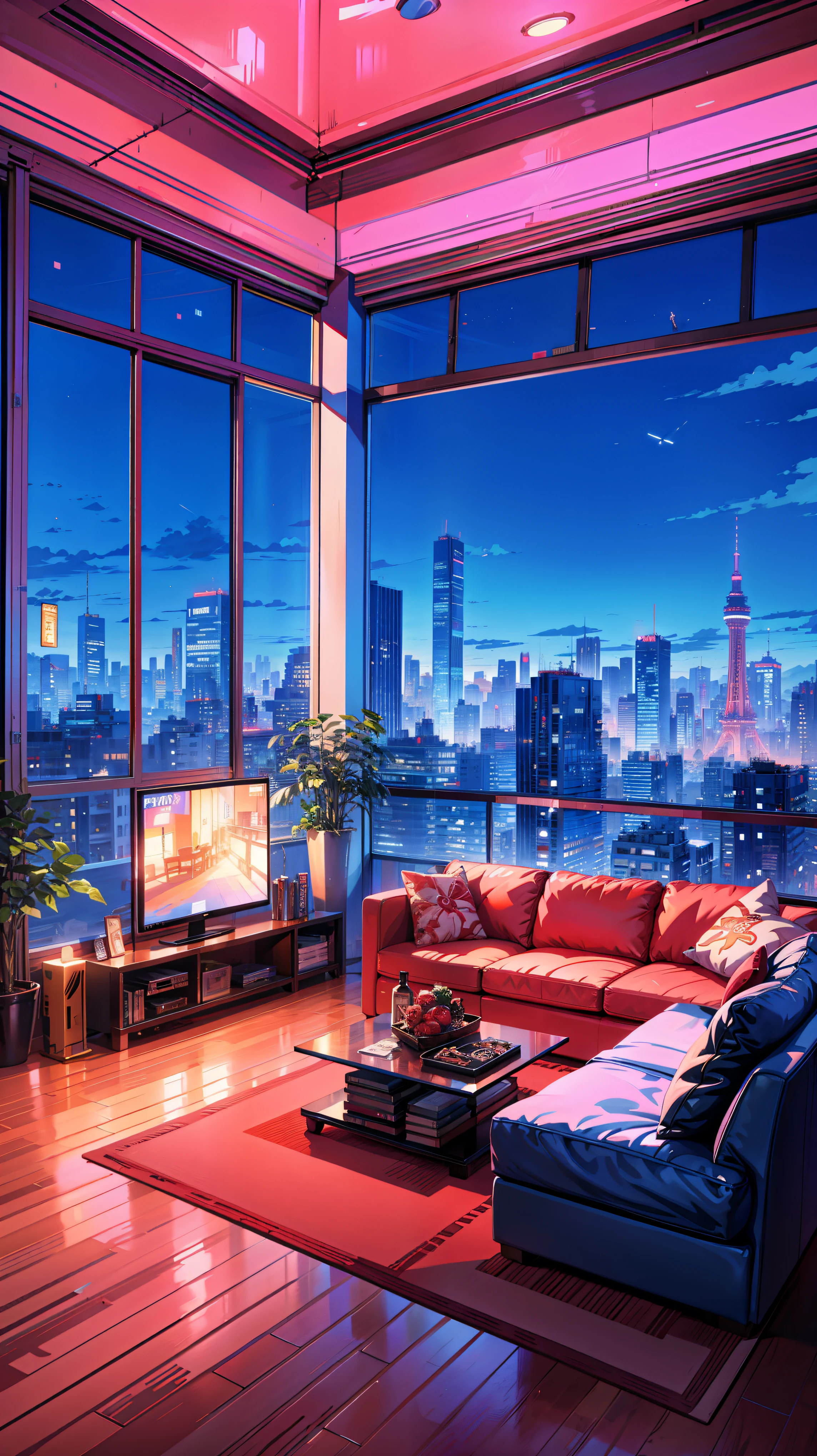 a painting of a living room filled with furniture and a large window, hd anime cityscape, anime style cityscape, the cyberpunk apartment, cyberpunk apartment, art deco outrun anime aesthestic, anime background art, anime asthetic, rio de janeiro in an anime film, anime wallaper, anime atmospheric, screenshot from a 2012s anime, anime background, anime aesthetic, anime. by makoto shinkai, hd anime cityscape, anime scenery concept art, anime scenery, style of makoto shinkai, makoto shinkai art style, anime. by makoto shinkai, by Makoto Shinkai, by makoto shinkai, anime scenery, kyoto animation, 4k hd,, beautiful art uhd 4 k, a beautiful artwork illustration, beautiful digital painting, highly detailed digital painting, beautiful digital artwork, detailed painting 4 k, very detailed digital painting, rich picturesque colors, gorgeous digital painting, saturated, no human