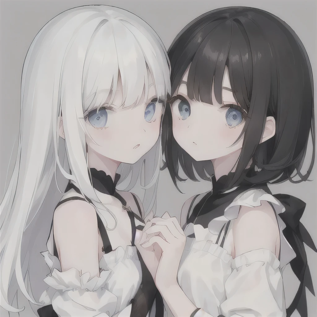 2 girls,Girl 1:Lovely,Black hair,short black hair,White,White dress,girl 2:Lovely,White hair,Long gray hair,White,White dress,Embrace