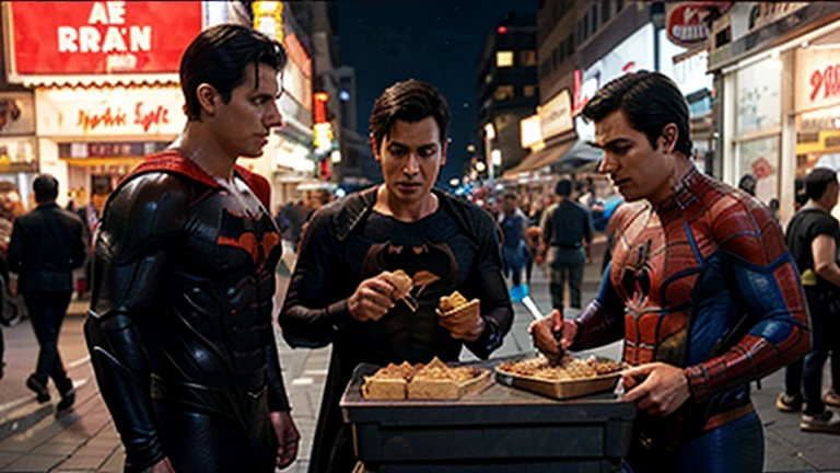 Batman, spiderman and superman selling street foods