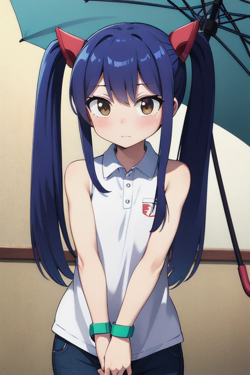 masterpiece, highest quality, High resolution, Arwendy, Long Hair, Twin tails, hair ornaments, Exposing shoulders, 
polo shirt,Bracelet, bracelet, at home,holding an umbrella, Cowboy Shot, Embarrassed,
