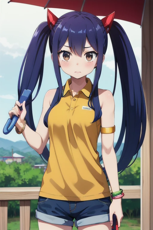 masterpiece, highest quality, High resolution, Arwendy, Long Hair, Twin tails, hair ornaments, Exposing shoulders,
polo shirt,Bracelet, bracelet, at home,holding an umbrella, Cowboy Shot, Embarrassed,