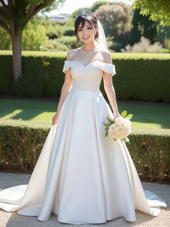(Highest quality: 1.5), (Realistic: 1.5), (1 person: 1.5), (Full body: 1.5), Highly detailed, High resolution, 8k, Medium breasts, Natural colored lips, Cute smile, Japanese woman, 20-year-old girl, beautiful and elegant features, perfect and beautiful face, large eyes with good balance between the left and right sides, brunette eyes, beautiful and elegant features, beautiful double eyelids, natural bangs, beautiful thin nose, beautiful skin, fair skin, (medium bob hair), natural bangs, perfect and beautiful face, slim face and figure, (looks at the camera with a sweet smile), bright lighting, professional lighting, forward lighting, princess line wedding dress, best Wearing a luxury bridal tiara (wearing a pure white off-shoulder wedding dress), luxury wedding dress, lace white gloves, bridal veil, (Western garden with beautiful roses), Western garden, holding the hem of the skirt,