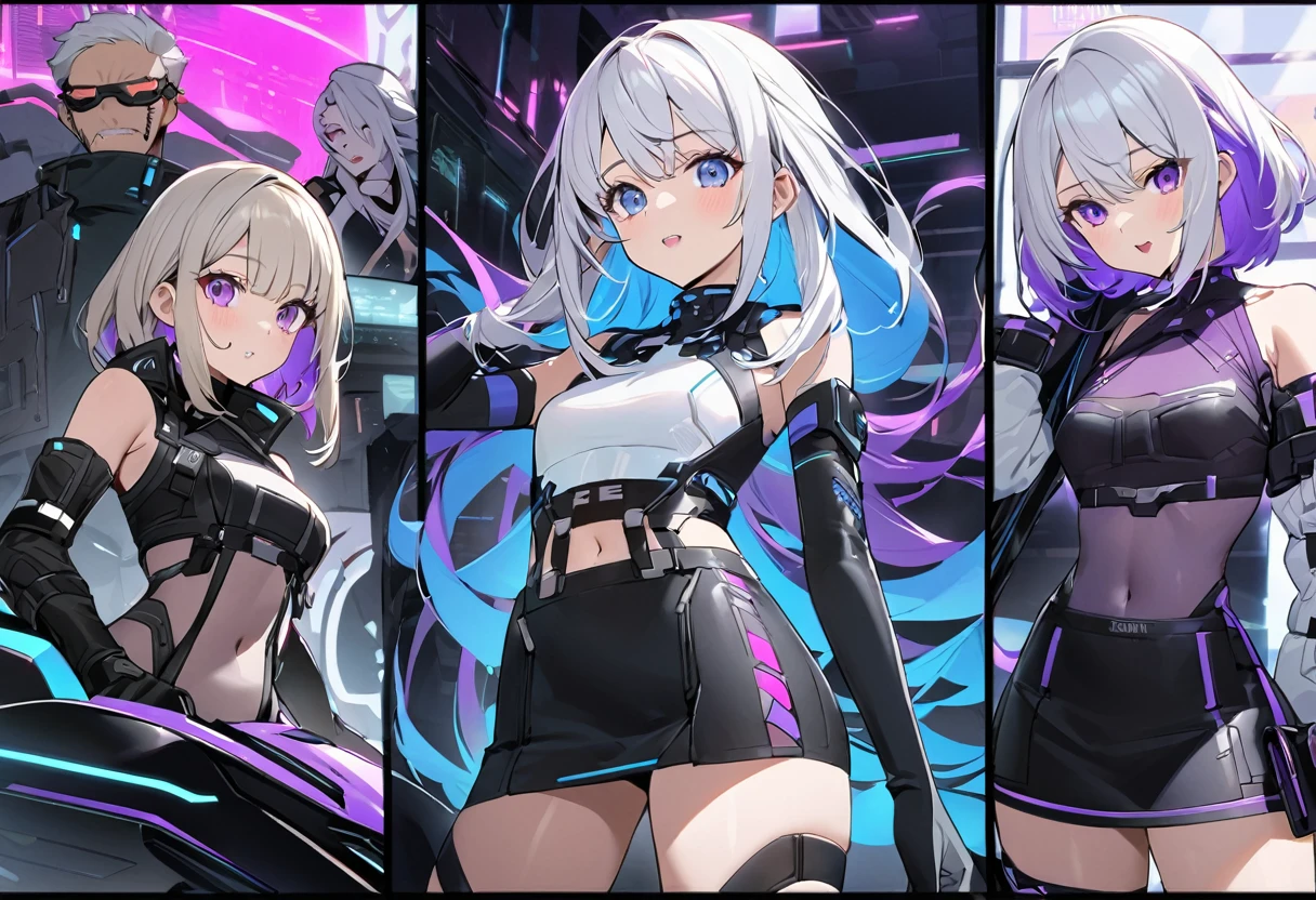 Organization、Men and women1pair of couples、c0upl3、yinji、Women have purple eyes She has milky white hair with purple inner color, very long twin braids, elbow gloves, very bare shoulders, and wears a cyberpunk outfit with a black skirt.、Side cut-outs、Covered navel、Side cut-outen、White hair with blue inner color and short hair、White and blue cyberpunk、下から赤い🔥につつまれているようなオーラ、Studded with purple sapphires、They are riding a futuristic flying motorbike, with the woman's arms around the man's waist from behind.、A large purple moon in the background