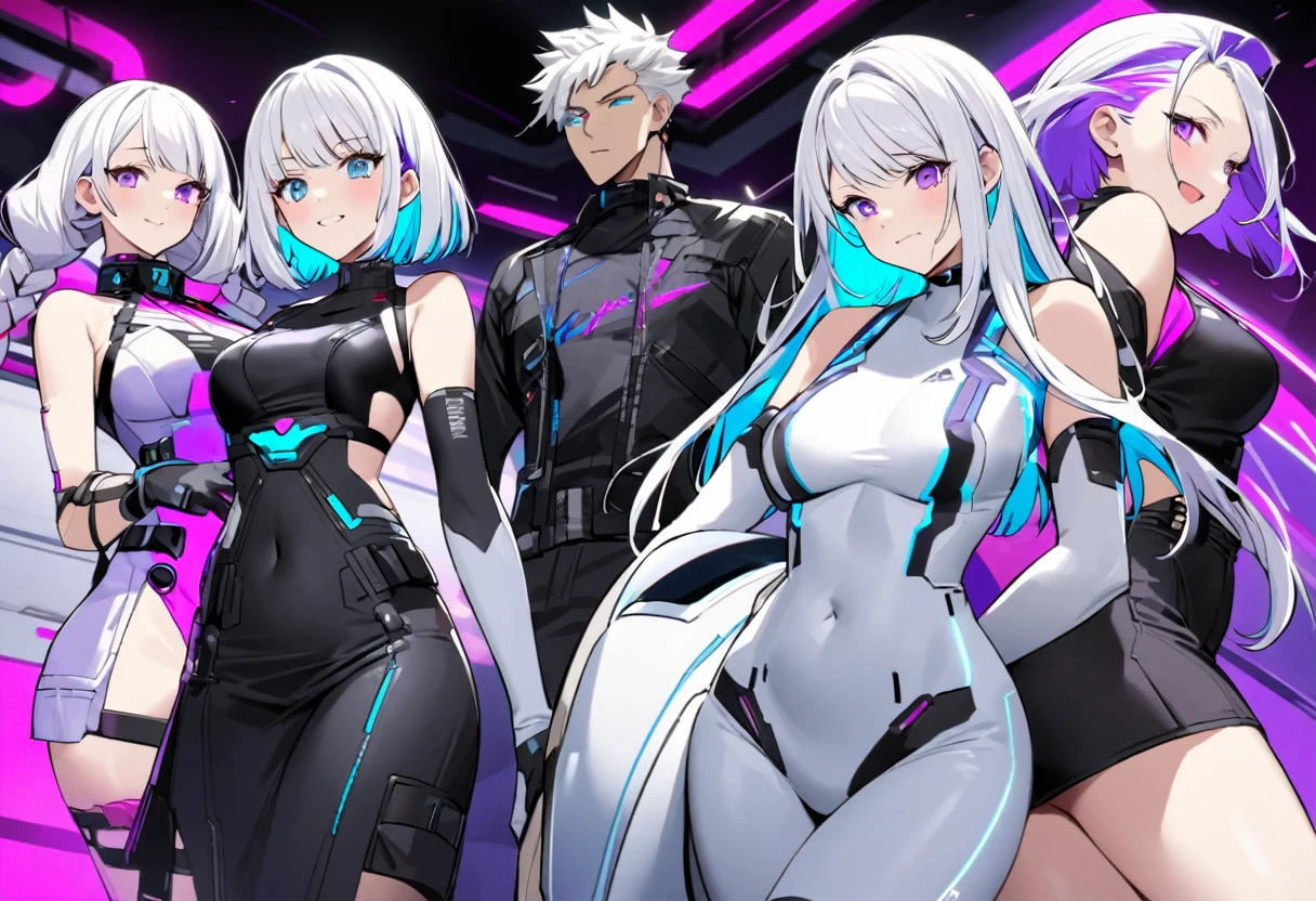 Organization、Men and women1pair of couples、c0upl3、yinji、Women have purple eyes She has milky white hair with purple inner color, very long twin braids, elbow gloves, very bare shoulders, and wears a cyberpunk outfit with a black skirt.、Side cut-outs、Covered navel、Side cut-outen、White hair with blue inner color and short hair、White and blue cyberpunk、下から赤い🔥につつまれているようなオーラ、Studded with purple sapphires、They are riding a futuristic flying motorbike, with the woman's arms around the man's waist from behind.、A large purple moon in the background