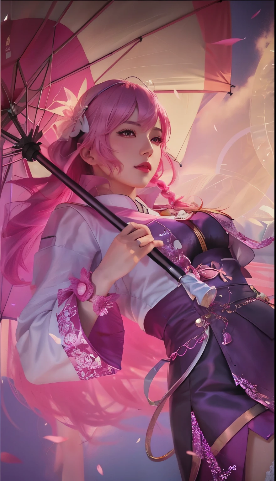 a woman in a white and pink outfit holding an umbrella, kagura from mobile legends, realistic, style artgerm, artgerm style, kda, ig model | artgerm, ashe, trending artgerm, extremely detailed artgerm, style of artgerm, artgerm jsc, style league of legends