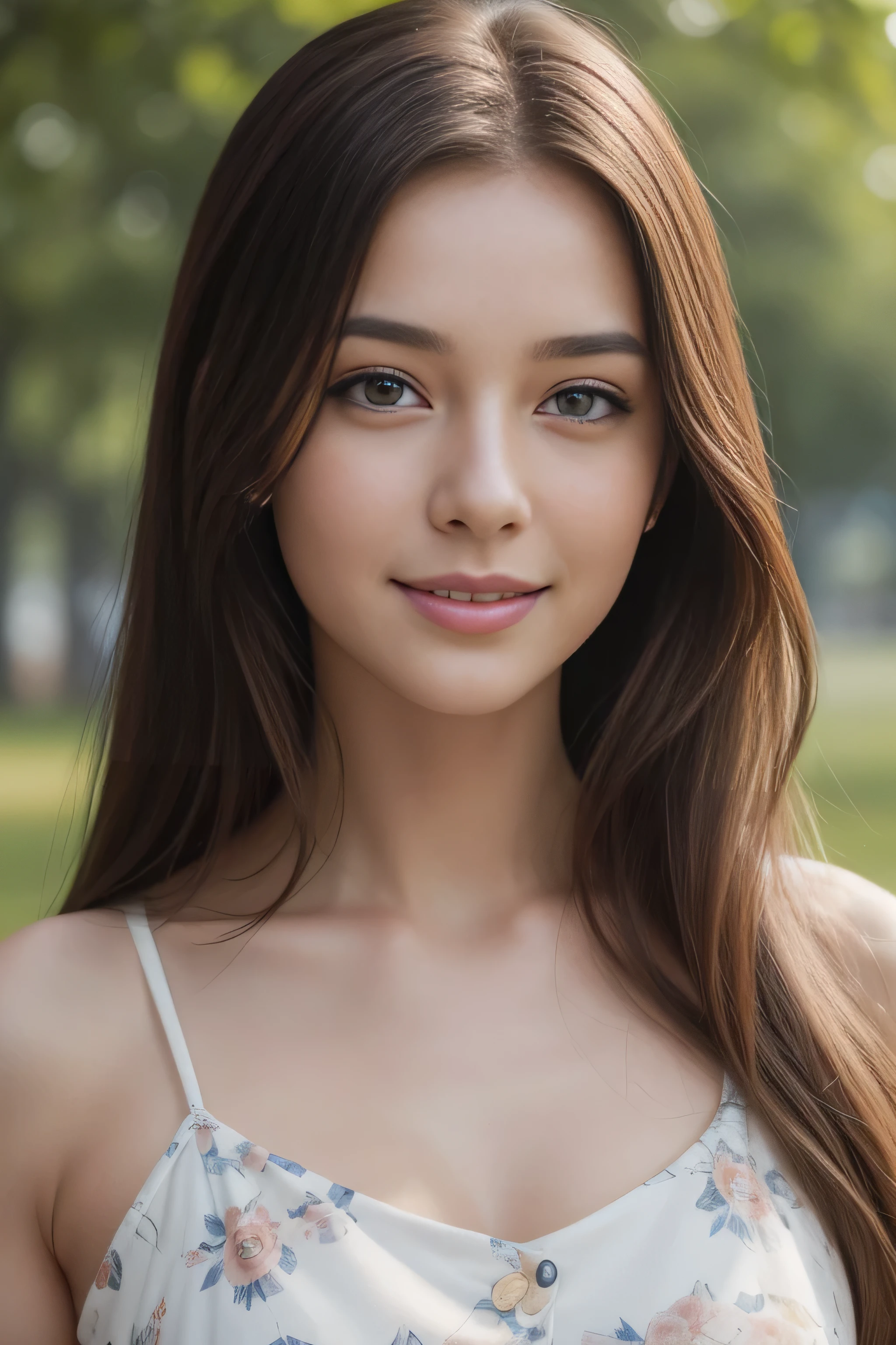 (8K High Resolution), (highest quality), (RAW Image Quality), (Realistic), (Realistic:1.37), Long eyelashes, Exquisite, Live-action Realistic style, The ultimate face, Realistic, light and shadow, Distinct facial features, Milky skin, Fair skin, Skin with attention to detail, Realistic skin details, Pores are visible, Very detailed, Hair length is random, Flowing hair, Best Portrait, The only Swedish girl, cute, Beautiful and beautiful eyes, Beautiful and detailed nose, Very detailedな肌) , (Beautiful face with double eyelids), (realism: 1.4), Great details, Ultra-high resolution, Delicate and beautiful face, Age 25, (Beautiful Face 1.4), thin, (Wearing a floral dress:1.2), ((In a park rich in nature)), Natural smile, (looks happy), Long Hair, (whole body:1.8), 