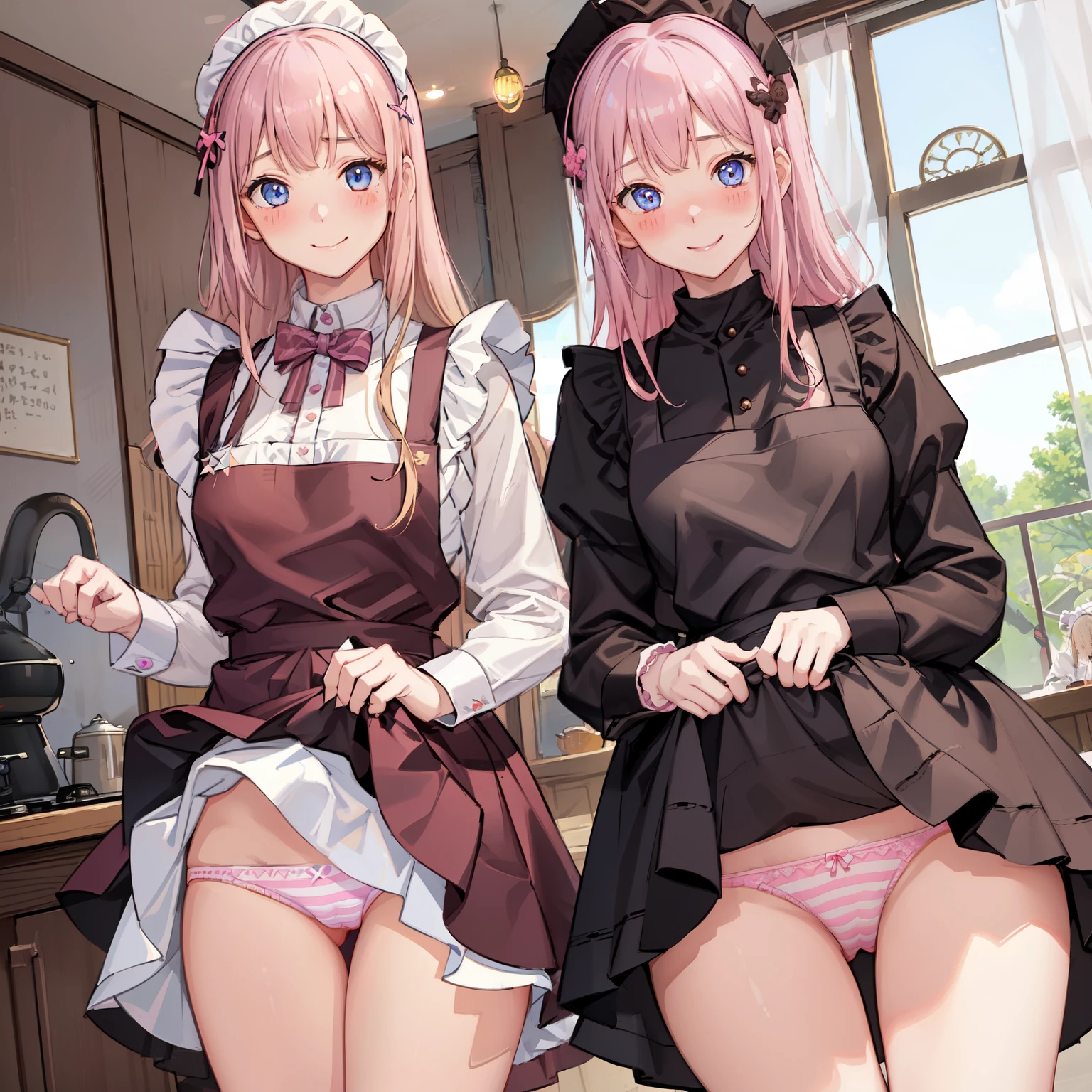highest quality、masterpiece、((2 girls:1.5))、((smile:1.3))、(blush:1.3)、Black Shirt、blouse、((fun!!))、(Small breasts)、()、Blonde、(Long sleeve)、((White apron:1.5))、((Maid))、((hair ornaments)),、Kamimei、look at me、 ((in house:1.5))、 Taking a break from watching the audience、Cowboy Shot、(Skirt lift:1.3),(Highly detailed pink striped panties:1.3)、(Highly detailed panties:1.3)、、(スカート that rolls up:1.3)、(Panties fully exposed:1.5)、Light blue eyes、long hair、Glowing Eyes