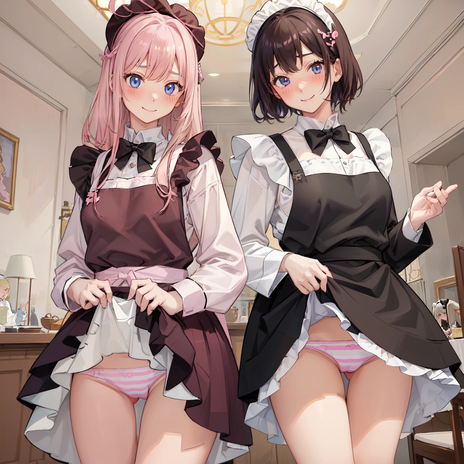 highest quality、masterpiece、((2 girls:1.5))、((smile:1.3))、(blush:1.3)、Black Shirt、blouse、((fun!!))、(Small breasts)、()、Blonde、(Long sleeve)、((White apron:1.5))、((Maid))、((hair ornaments)),、Kamimei、look at me、 ((in house:1.5))、 Taking a break from watching the audience、Cowboy Shot、(Skirt lift:1.3),(Highly detailed pink striped panties:1.3)、(Highly detailed panties:1.3)、、(スカート that rolls up:1.3)、(Panties fully exposed:1.5)、Light blue eyes、long hair、Glowing Eyes