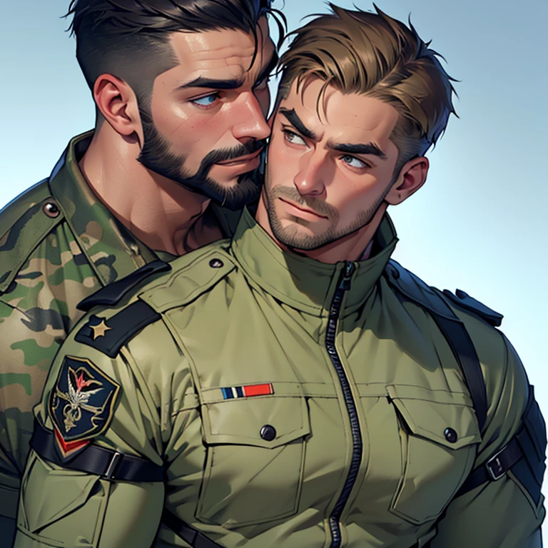 2 Matured, Muscular Male Bundeswehr Soldiers in Camouflage Uniforms share a tender, Passionate Kiss. The details of their uniforms are meticulously rendered, each strap, button, and patch exuding authenticity (Best Quality, 4K, 8K, High Resolution, Masterpiece:1.2). One soldier's stubble adds a rugged edge to his otherwise clean-shaven counterpart, both sporting thick eyebrows and designed beards (Hyperdetailed Face, All Back Hair:1.2, Very Short Hair:1.2). Their eyes, ultra-detailed and perfectly lit, hold a depth of emotion as they gaze