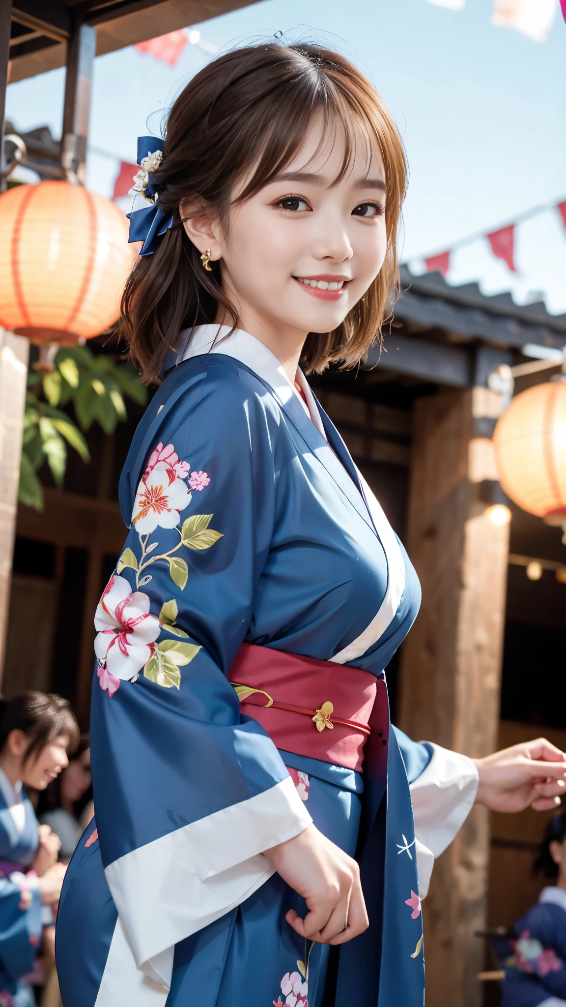 Japanese Ido ,((cute ,:1.2)),(8k, RAW Photos, Ultra-detailed, highest quality:1.2), (Realistic, Photorealistic:1.4), (Very detailed, 超A high resolution ,beautiful, Tabletop:1.2), ,Very detailed顔と目,Shiny skin,(Upper Body:1.Professional Lighting,Soft Light, Sharp focus, Depth of written boundary,Medium Hair,Earrings, ( Kimono costume :1.3),(smile:1.3),Bokeh,(Dynamic Angle:1.5),( Summer festival:1.3）