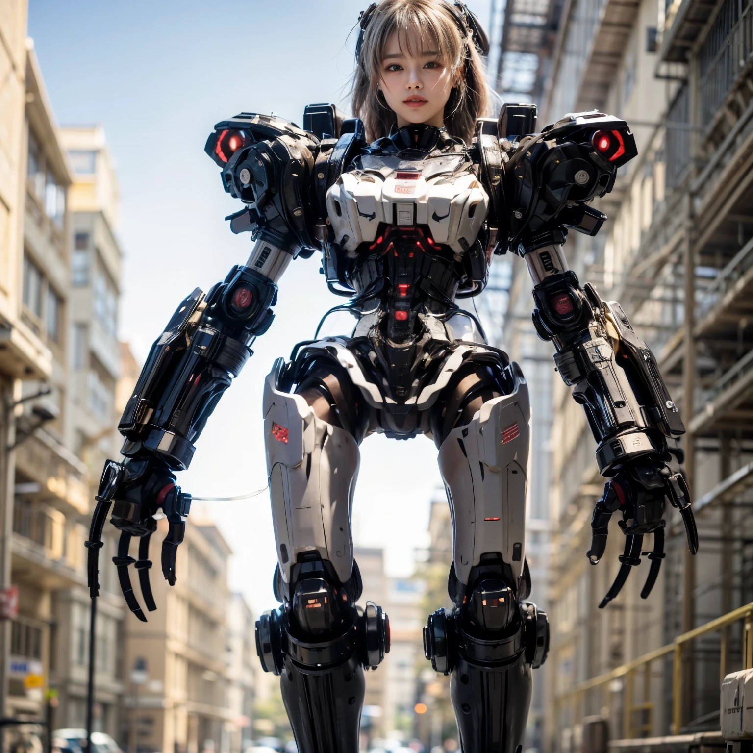 (masterpiece, best quality:1.2), (8k uhd, 16k, 32k, ultra high res), Japanese woman, heavy equipment, Mechanical backpack, very beautiful face, double teeth, fangs, reinforced exoskeleton with insect references, canine teeth, smiling face, silver hair, full body shot, photorealistic, realistic, ultra realistic, ultra detailed, ultimate intricate detail, lighting highlighting machinery, glossy, cave with a suspicious atmosphere