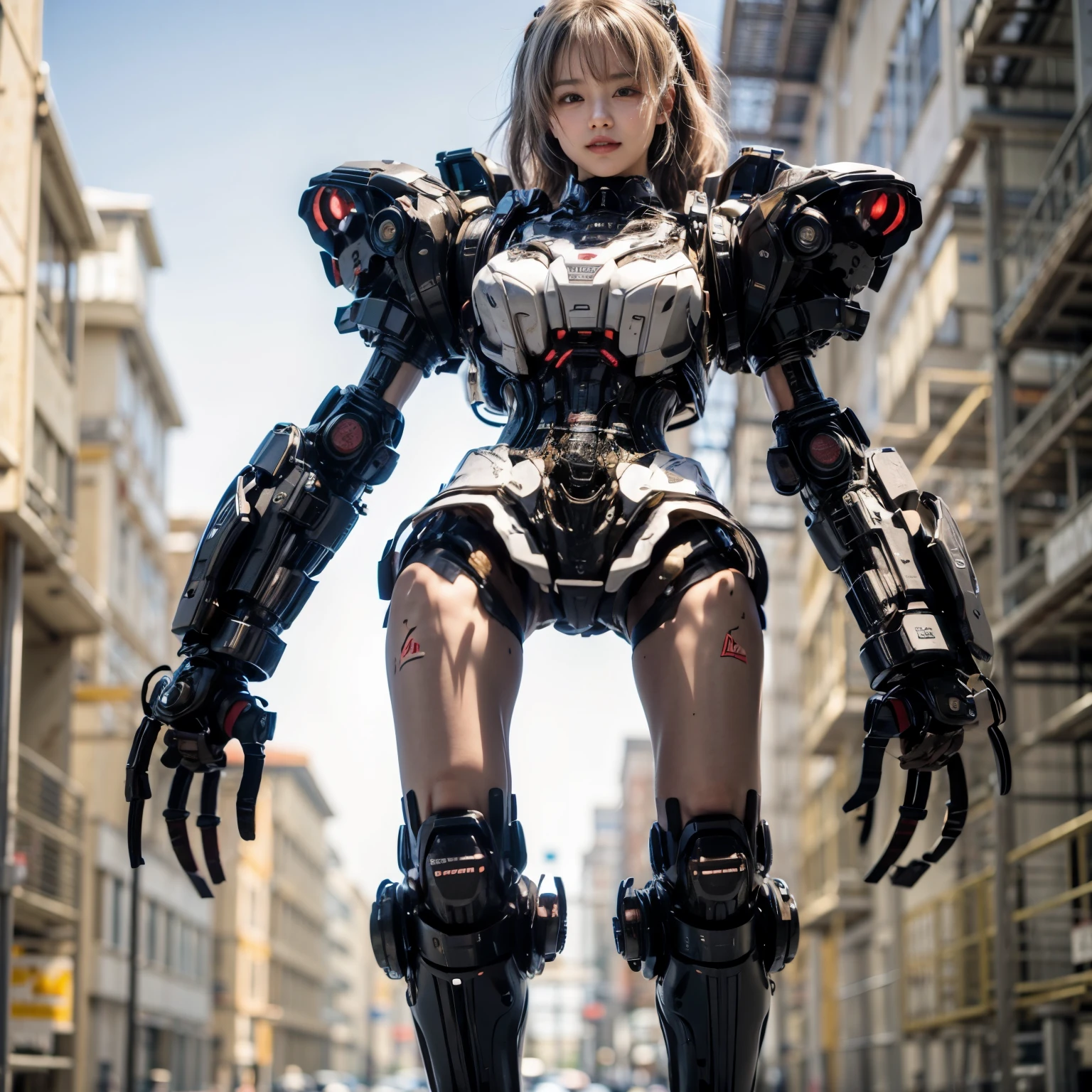 (masterpiece, best quality:1.2), (8k uhd, 16k, 32k, ultra high res), Japanese woman, heavy equipment, Mechanical backpack, very beautiful face, double teeth, fangs, reinforced exoskeleton with insect references, canine teeth, smiling face, silver hair, full body shot, photorealistic, realistic, ultra realistic, ultra detailed, ultimate intricate detail, lighting highlighting machinery, glossy, cave with a suspicious atmosphere