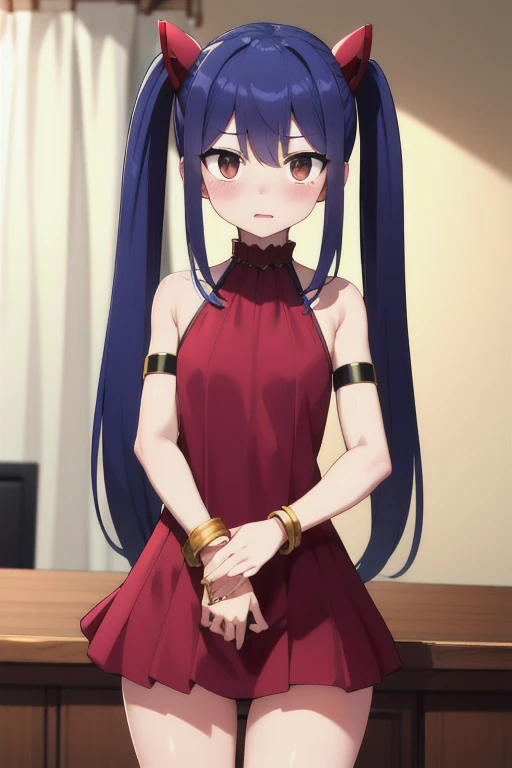 masterpiece, highest quality, High resolution, Arwendy, Long Hair, Twin tails, hair ornaments, Exposing shoulders,
,Bracelet, bracelet, at home, double piece, Cowboy Shot, Embarrassed,