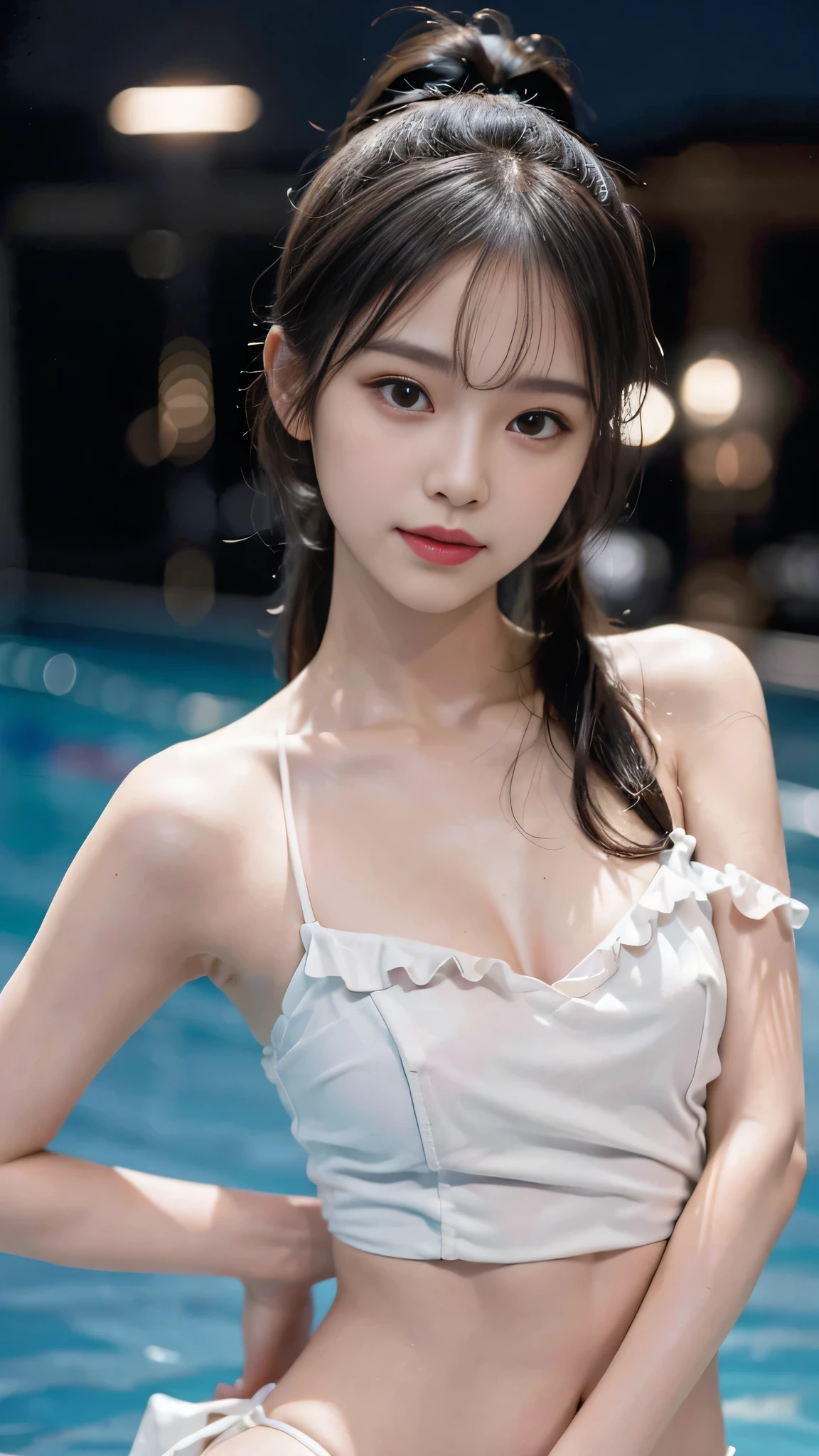 night,It's dark outside,Resort Pool lit up with neon lights at midnight,Ruffled bikini,Close up face,One woman,masutepiece, The highest image quality, High quality, the background is clear,Beautiful woman, Japanese, Detailed, Detailed eyes, Detailed skin, Beautiful skin, 超hight resolution, (reality: 1.4),Very beautiful woman, Slightly younger face, Beautiful skin, slender, (Ultra photo realsisim), (hight resolution), (8K), (Very detailed) (beautifully detailed eyes), (super detailed), (Detailed face), view the viewer, Fine details, Detailed face, Staring straight ahead, Staring straight ahead, photos realistic, Bright lighting, Professional Lighting, Black hair,poneyTail,a baby face,fifteen years old,Hairstyle: ponytail,Long ponytail hairstyle,slight smile,neat and tidy clothing,Beautiful Japanese KPOP idol photo, hair style is ponytail, my eyes are double and wide, baby face, smile and look straight ahead, slender, small breasts,Close up face,