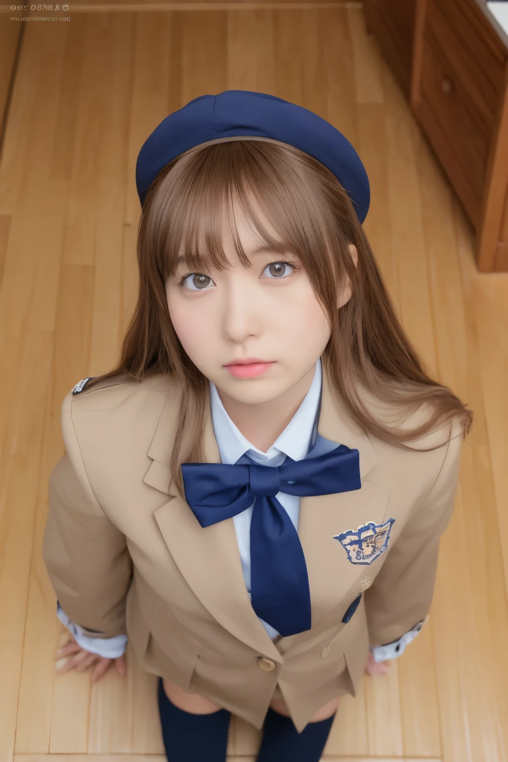 Ulzzang-6500-v1.1, (RAW Photos:1.2), (Photo - Real，:1.4), ((Take a photo with the camera from above、look up、Looking into the camera、Camera view from above、Take a photo from above))Beautiful detailed girl, Very detailedな目と顔, Beautiful fine details, Ridiculous, Incredibly ridiculous, ファイルサイズがbig, Very detailed, High resolution, Very detailed, highest quality, Masterpiece、, kemomimi, ((Japanese high school girls uniform)), An illustration, Very detailed, That&#39;s it, Unite, 8K Wallpaper, wonderful, Fine details, Masterpiece、, highest quality, Very detailedなThat&#39;s itユニフォーム8K Wallpaper, Light on the face、Cinema Lighting、18 year old girl、((No panties))、((Dynamic pose)))、(Camel Toe)、(half)、(pantyhose、、、、、、、)、(Sit with your knees bent))、Short Hair、Short Hair、Long neck、Listen carefully、bangs、Enlarge your eyes、Eyelashes、cute、very cute、big 、Smile