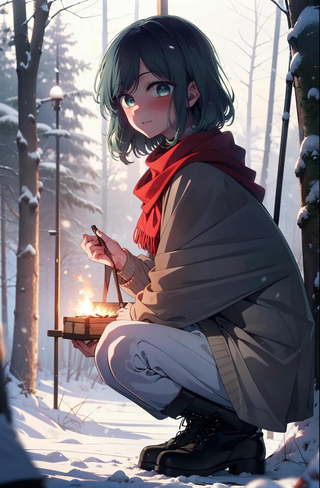 akanekurokawa, akane kurokawa, bangs, (Green Eyes:1.3), Blue Hair, Medium Hair, dark Blue Hair,smile,blush,White Breath,
Open your mouth,snow,Ground bonfire, Outdoor, boots, snowing, From the side, wood, suitcase, Cape, Blurred, , forest, White handbag, nature, Squat, Mouth closed, Cape, winter, Written boundary depth, Black shoes, red Cape break looking at viewer, Upper Body, whole body, break Outdoor, forest, nature, break (masterpiece:1.2), highest quality, High resolution, unity 8k wallpaper, (shape:0.8), (Beautiful and beautiful eyes:1.6), Highly detailed face, Perfect lighting, Extremely detailed CG, (Perfect hands, Perfect Anatomy),