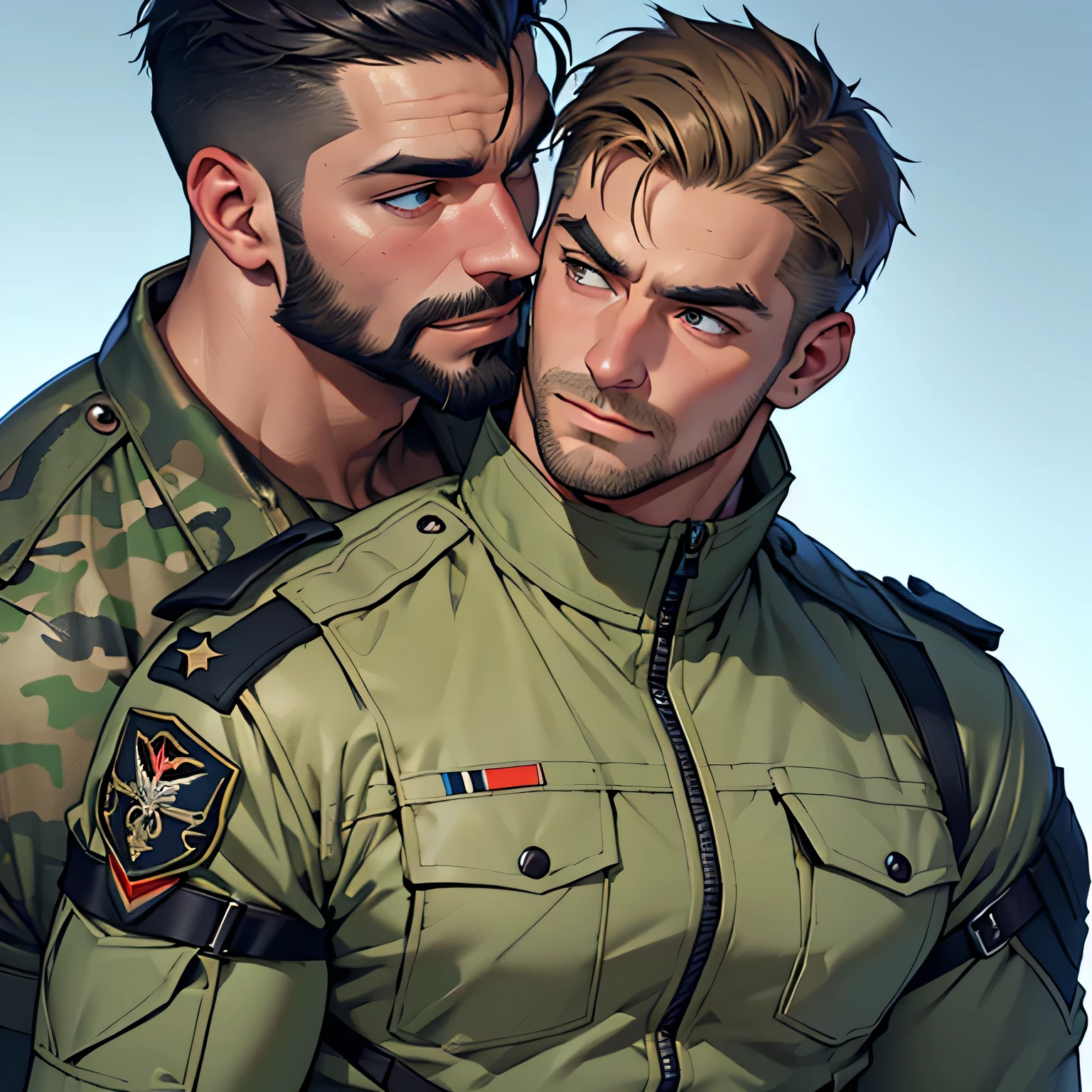 2 Matured, Muscular Male Bundeswehr Soldiers in Camouflage Uniforms share a tender, Passionate Kiss. The details of their uniforms are meticulously rendered, each strap, button, and patch exuding authenticity (Best Quality, 4K, 8K, High Resolution, Masterpiece:1.2). One soldier's stubble adds a rugged edge to his otherwise clean-shaven counterpart, both sporting thick eyebrows and designed beards (Hyperdetailed Face, All Back Hair:1.2, Very Short Hair:1.2). Their eyes, ultra-detailed and perfectly lit, hold a depth of emotion as they gaze