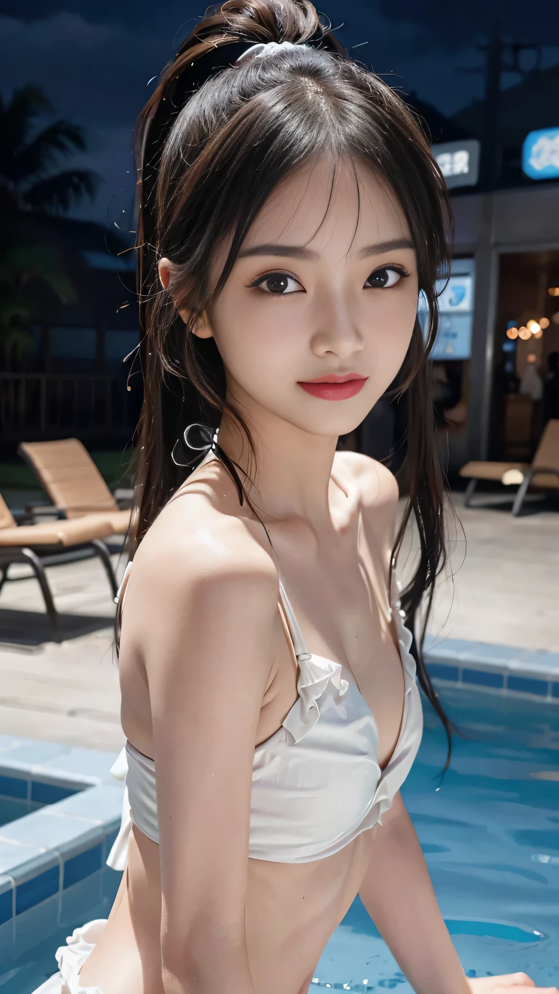 night,It's dark outside,Resort Pool lit up with neon lights at midnight,Ruffled bikini,Close up face,One woman,masutepiece, The highest image quality, High quality, the background is clear,Beautiful woman, Japanese, Detailed, Detailed eyes, Detailed skin, Beautiful skin, 超hight resolution, (reality: 1.4),Very beautiful woman, Slightly younger face, Beautiful skin, slender, (Ultra photo realsisim), (hight resolution), (8K), (Very detailed) (beautifully detailed eyes), (super detailed), (Detailed face), view the viewer, Fine details, Detailed face, Staring straight ahead, Staring straight ahead, photos realistic, Bright lighting, Professional Lighting, Black hair,poneyTail,a baby face,fifteen years old,Hairstyle: ponytail,Long ponytail hairstyle,slight smile,neat and tidy clothing,Beautiful Japanese KPOP idol photo, hair style is ponytail, my eyes are double and wide, baby face, smile and look straight ahead, slender, small breasts,Close up face,